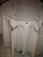 Beautiful crochet lace inset embroidered huge butter colored graphite gray inset needlework tablecloth