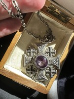 Silver cross decorated with specially carved amethyst with its own chain for sale! Price: 38,000.-