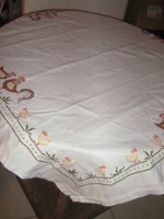 Beautiful hand-embroidered cross-stitch rooster needlework tablecloth