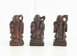 Antique Chinese sculpture, wood carving - 3 devotional figures, small lucky amulets