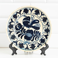 Old Korund ceramic wall plate - blue and white bird with buttermilk painting - a Transylvanian curiosity