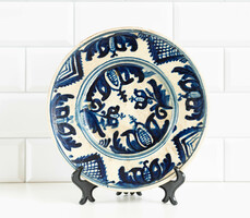 Old Korund ceramic wall plate - with blue and white tulip buttermilk painting - a Transylvanian curiosity