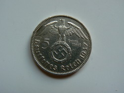 Imperial, Hindenburg silver 5 mark coin, 1937 f, original!