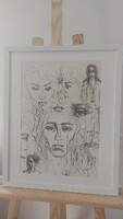 (K) beautiful ink drawing graphic with 53x43 cm frame