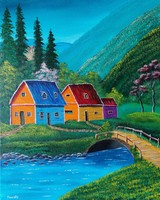 Houses in the green -painting