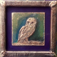 Owl. 20X20 cm eosin colored relief. Prima award-winning artist's work with certificate and invoice.
