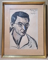 János Nyergesi: male portrait, 1967, Esztergom - ink drawing