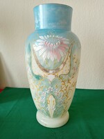 Large painted antique opal glass vase