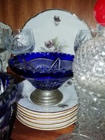 Antique silver pedestal crystal offering cobalt blue