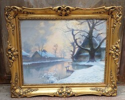 1939 Marked winter landscape, waterfront painting in blonde picture frame