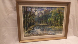 Erdőbelső folyóval festmény, olaj-farost, jelezve