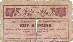 1 korona 1919 szükségpénz Czegléd Cegléd