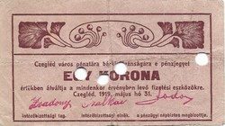 1 korona 1919 szükségpénz Czegléd Cegléd 2.