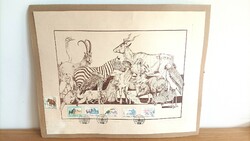 Retro Hungarian picture, graphic, engraving. András Szunyoghy. Zoo