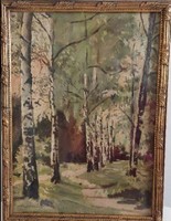Signed by Viktor Olgyai, birch trees. Beautiful antique landscape oil painting.