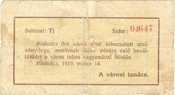 2 korona 1919 utalvány-jegy Miskolcz Miskolc