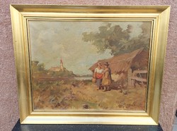 Cs. Lőrinc Farkas oil on canvas painting of village life