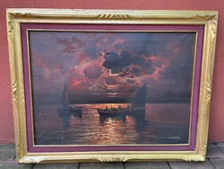Lopez festmény tájkép hajók blondel keretben naplemente olajfestmény modern