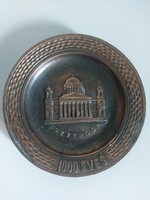 Bronze-colored heavy metal decorative wall plate with lathe inscription and depiction of a basilica 19 cm