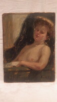 Frigyes Borszéky old oil-cardboard painting, lady in the bathtub