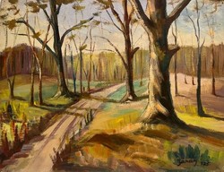 Sándor Járay (1926- ) forest road between bald trees, 1975 (oil on cardboard) /invoice provided/