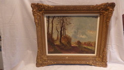 Signed oil-on-canvas antique landscape painting in blonde frame