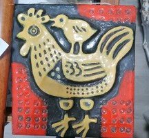 Retro applied art wall ceramic, hen - chick motif