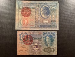 *** Rare 1912-1913 Hungarian stamped 20 and 100 crowns ***