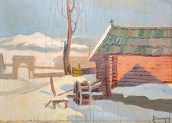 Ferenc Szemeney (1894-1990): village church in the winter landscape - old oil painting