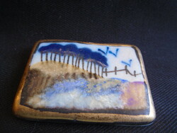 Old Porcelain Brooch in Beautiful Aesthetic Condition, Very Eye-Catching Jewelry, Diameter 4.3 x 3.2 cm, Hand-Painted, Forest Edge in Blue