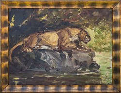 Haranghy Jenő (1894 - 1951) Párduc a folyónál c. festménye Eredeti Garanciával!