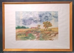 Béla Hankó (1954-): farm landscape, watercolor in a frame