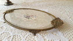 Beautiful chiseled French toilet tray, perfume tray with lacy, embroidered insert