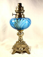Table kerosene lamp with antique blue glass tank