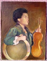 Wandering musician. Old oil on canvas painting from the beginning of the last century. Without frame