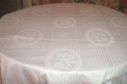 Beautiful huge white vintage rosy damask tablecloth