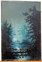 Landscape in moonlight, oil painting