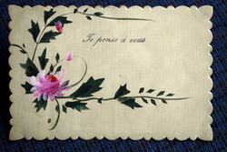 Antik cakkozott szélű kézzel festett üdvözlő képeslap  rózsa