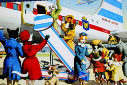Régi humoros  grafikus cicás  képeslap  miau-miu repülő  cica utasokkal