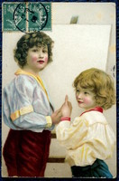 Antique litho postcard for children at school blackboard