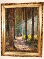 Göllner Miklós(1907-1977) - Kirándulók az erdőben. Nagyméretű olaj-vászon festmény.