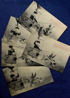 5 pieces from a series of antique Bergeret humorous photo postcards of a boy on an airship with wild geese