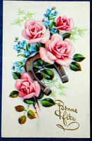 Old graphic greeting card rose lucky horseshoe