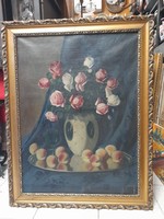 Vilmos Murin(1891-1952): still life with roses and peaches. Signed oil painting. Big size!