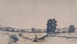 István Boldizsár - plain landscape with bridge - etching