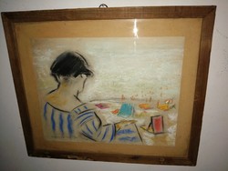 Vaszary Jánosnak tulajdonított régi pasztell festmény, strandolók a tengerparton.