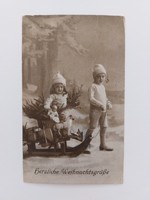 Old Christmas card photo postcard kids toys sled