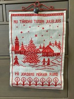 Régi svéd karácsonyi dekoráció, fém akasztós keresztszemes hímzett falidísz