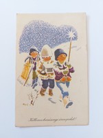 Régi karácsonyi képeslap 1958 rajzos levelezőlap betlehemes gyerekek