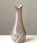 Retro design glass vase decorated with beige stripes and bubbles in a pink shade